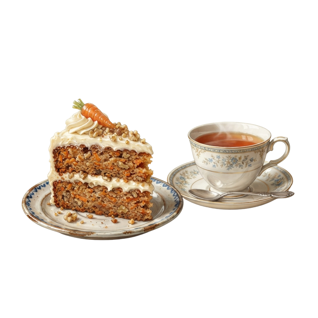 A slice of carrot cake with cream cheese frosting and a carrot garnish on a decorative plate next to a cup of tea on a saucer