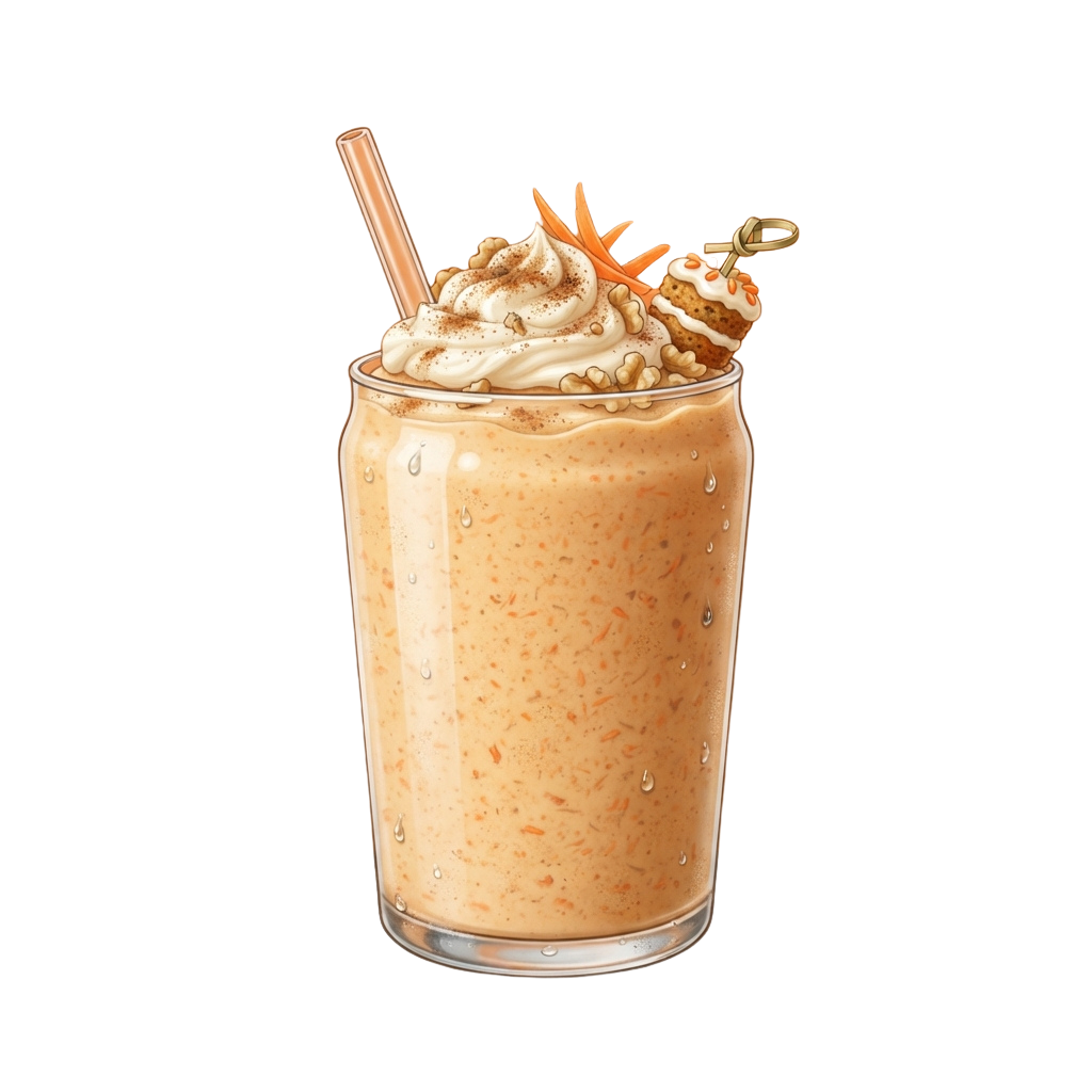 A tall glass of carrot orange smoothie topped with whipped cream and carrot garnish, served with a straw