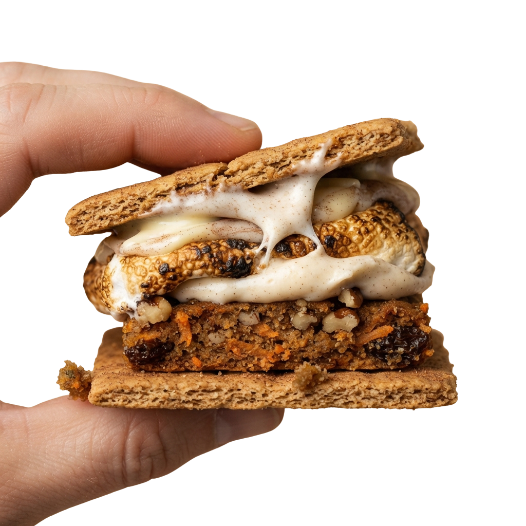 Hand holding a s'mores-stuffed grilled cheese sandwich with melted marshmallow and chocolate filling