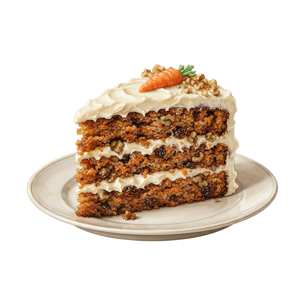 A slice of layered carrot cake topped with cream cheese frosting and garnished with a carrot and chopped walnuts on a white plate