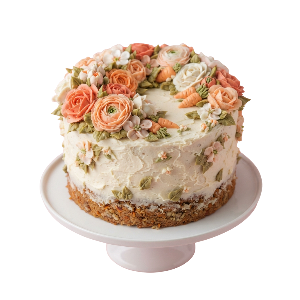 Decorative carrot cake with cream cheese frosting and floral decorations on a white cake stand