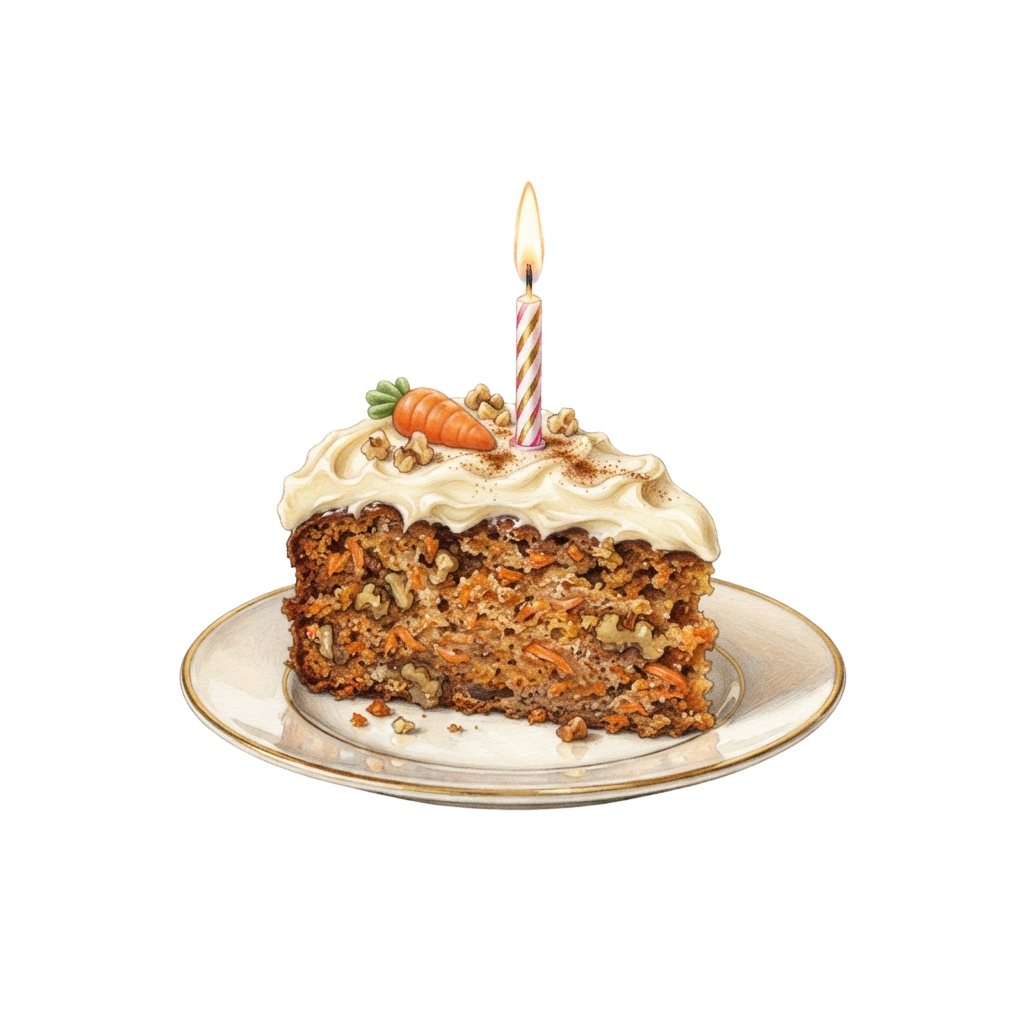 A slice of carrot cake topped with white frosting, a carrot garnish, and a lit purple candle on a white plate.