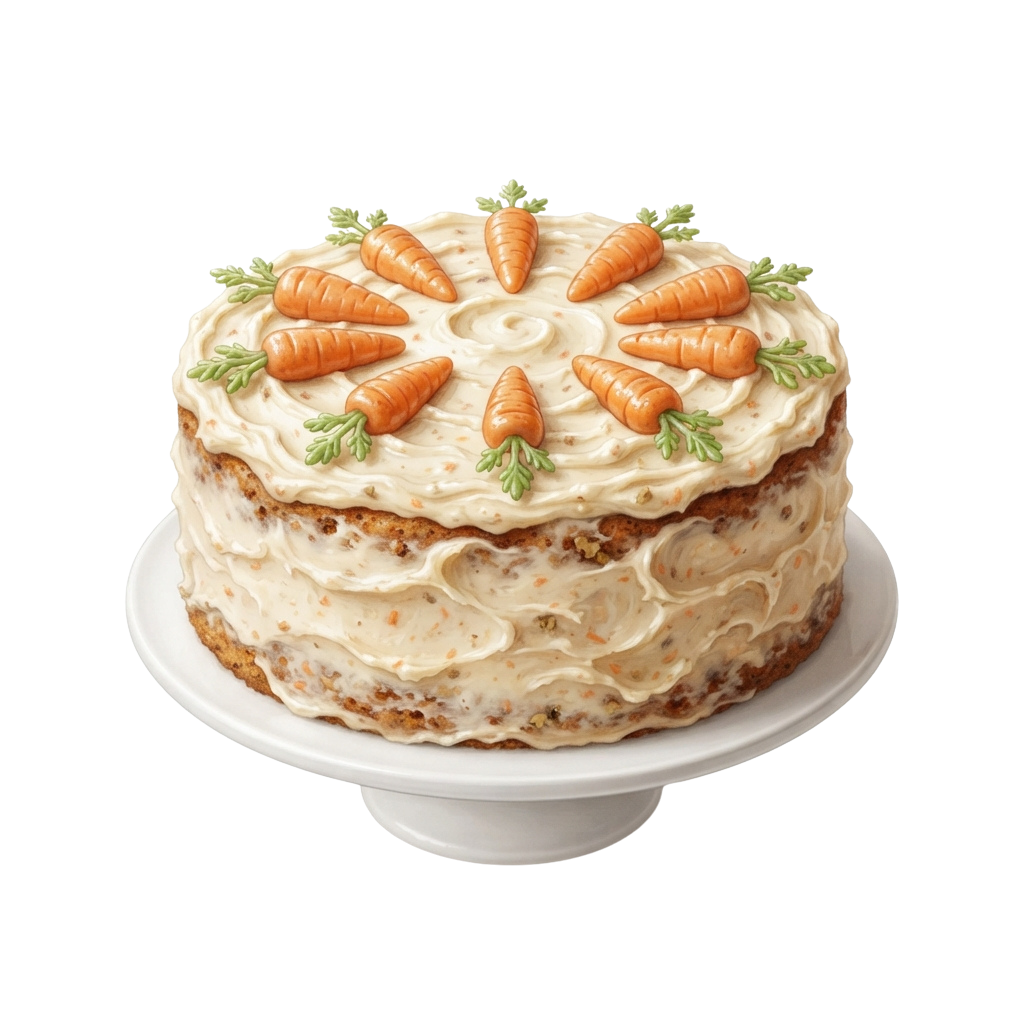 A two-layer carrot cake with cream cheese frosting and orange carrot toppers arranged on top