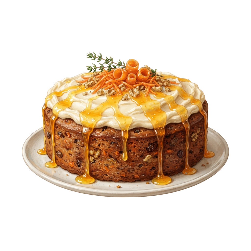 A round carrot cake topped with cream cheese frosting, carrot slices, and a drizzled glaze on a white plate.