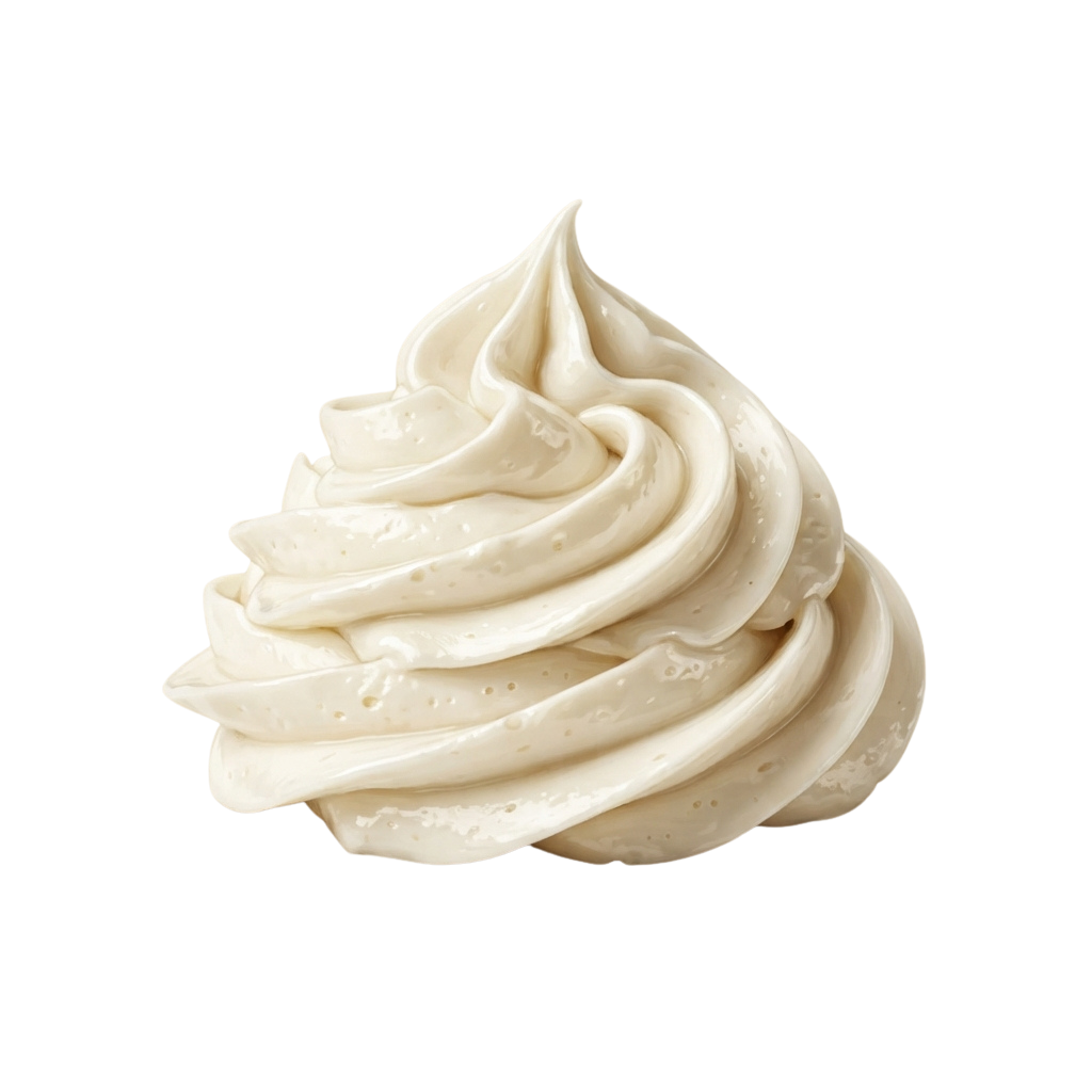 Close-up of a swirl of smooth vanilla whipped frosting on a dark background