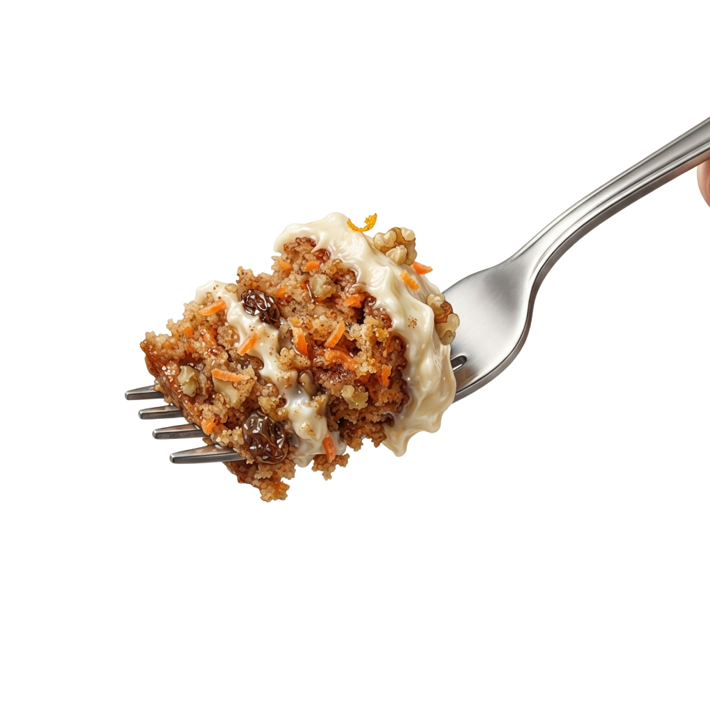 Fork holding a serving of creamy macaroni salad topped with shredded carrots and cheese