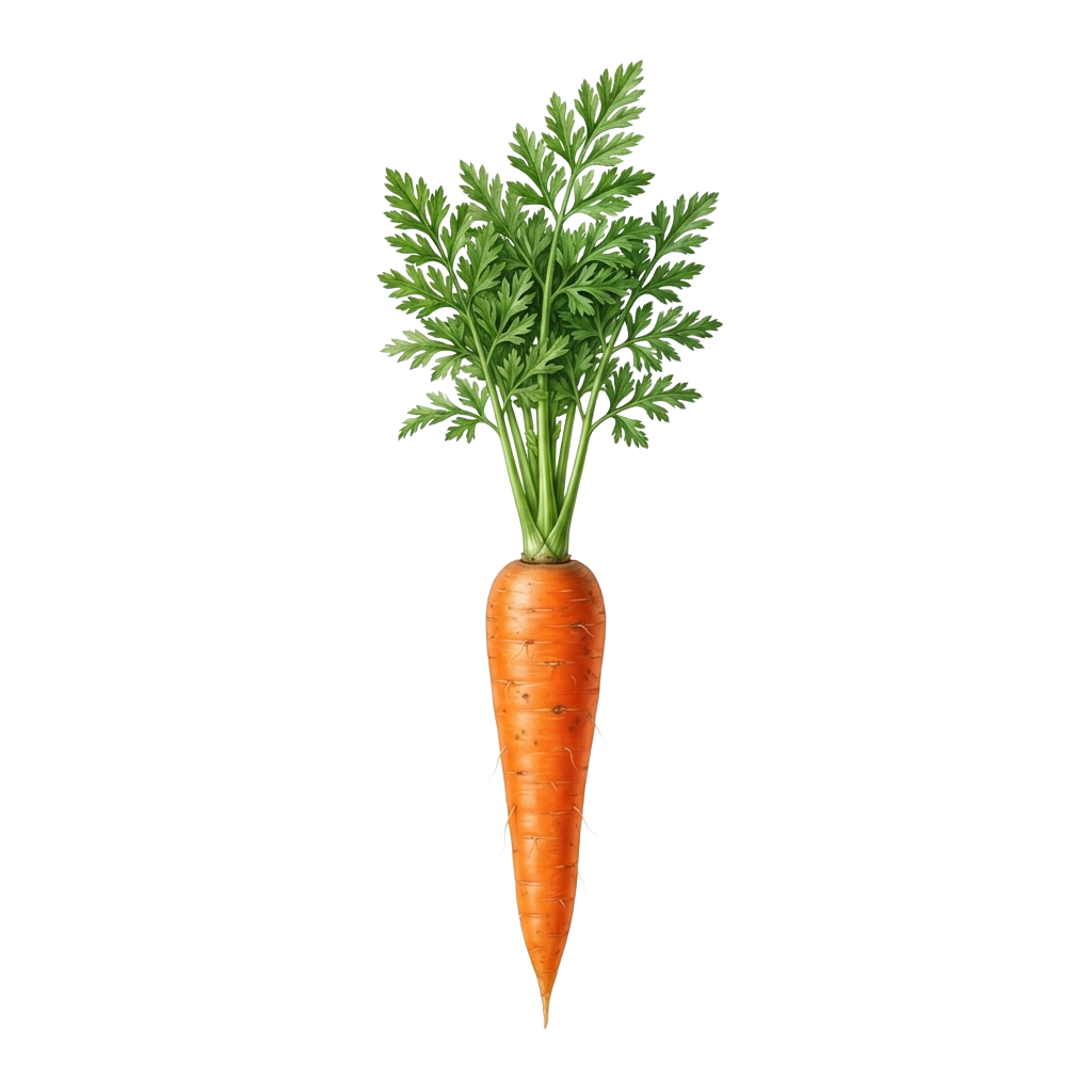 A whole carrot with green leafy tops standing upright against a black background