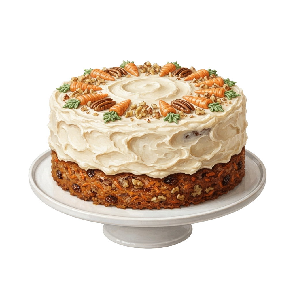 A round carrot cake with cream cheese frosting and pecans on top, placed on a white cake stand