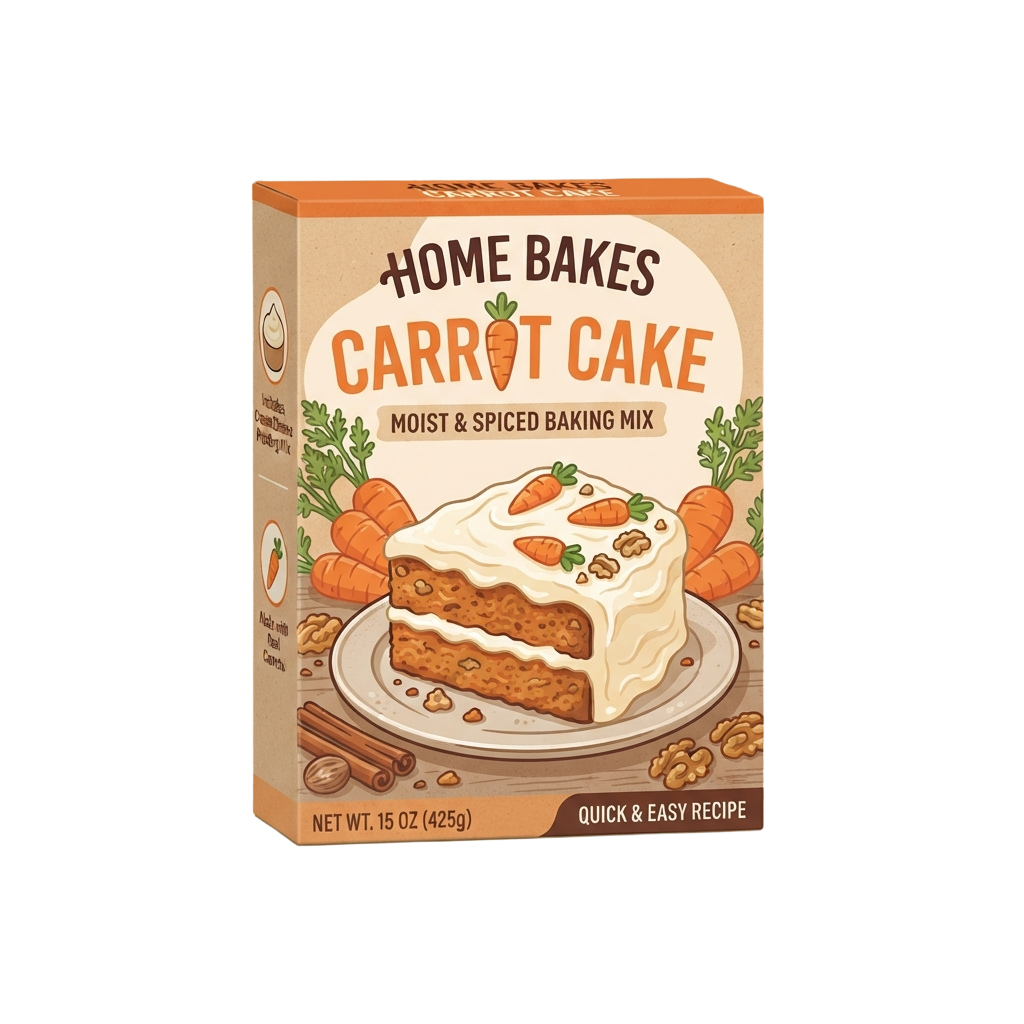Box of moist spiced carrot cake mix with a slice of carrot cake topped with cream cheese frosting and carrot pieces