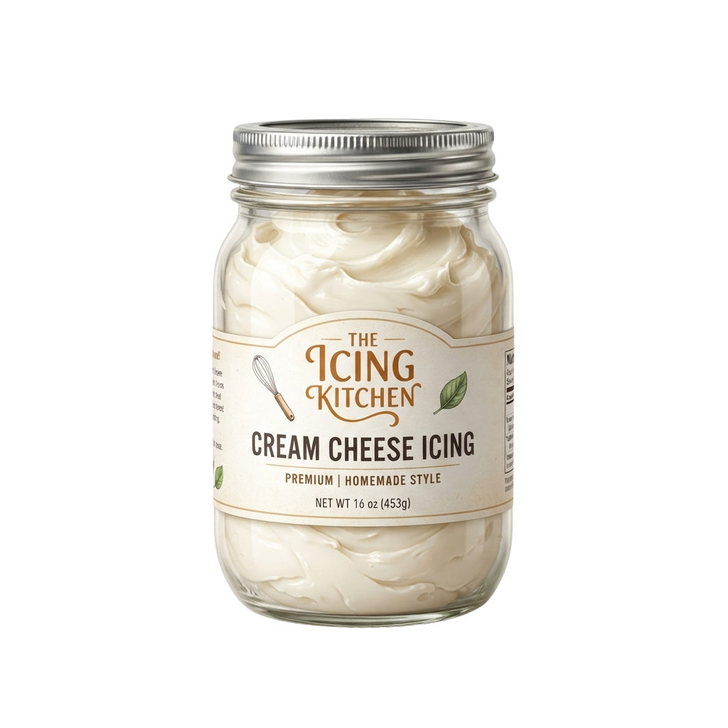 A glass jar of cream cheese icing mix with a metal lid and label showing homemade style.