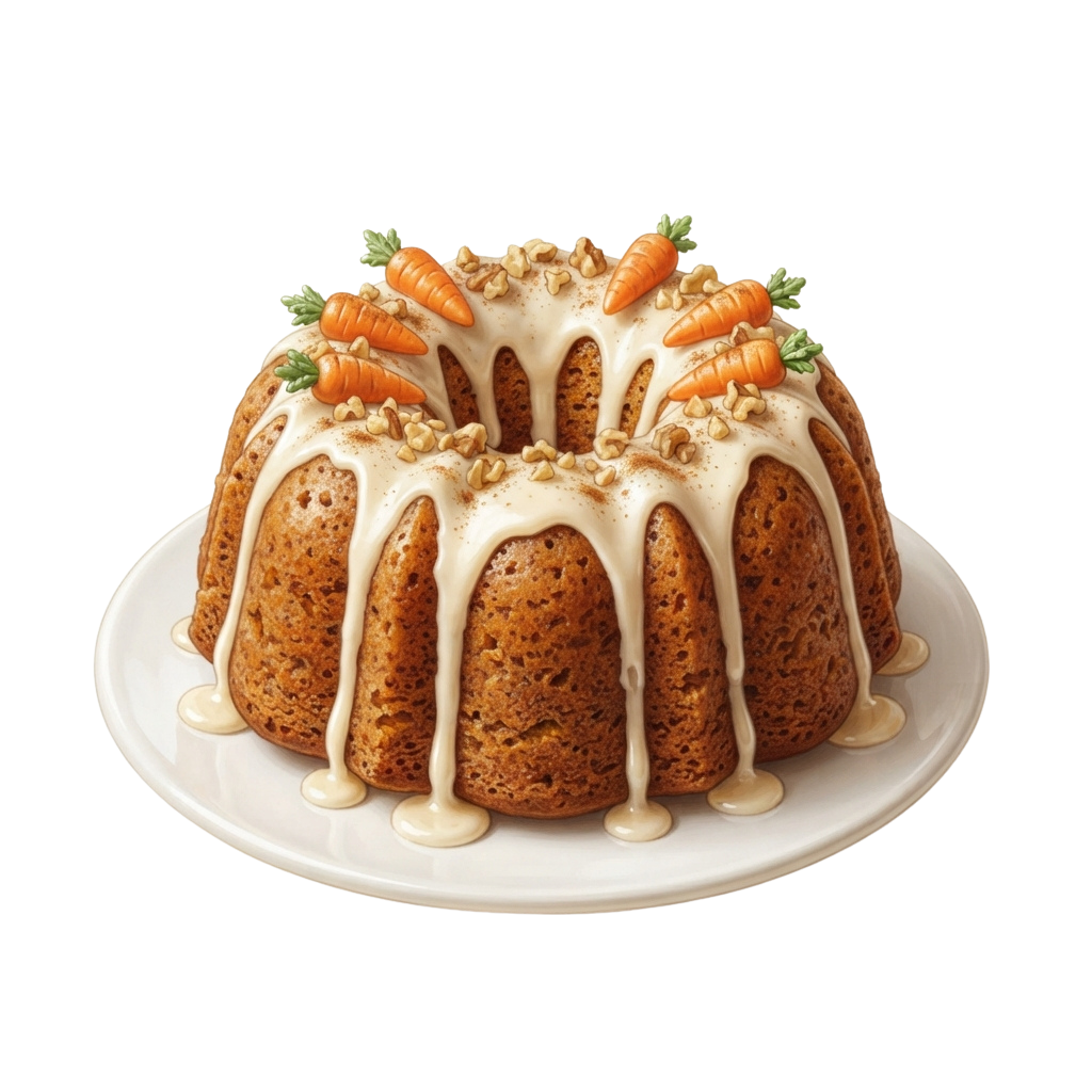 A bundt cake topped with cream cheese glaze drizzle, carrot decorations, and toasted nuts on a white plate.