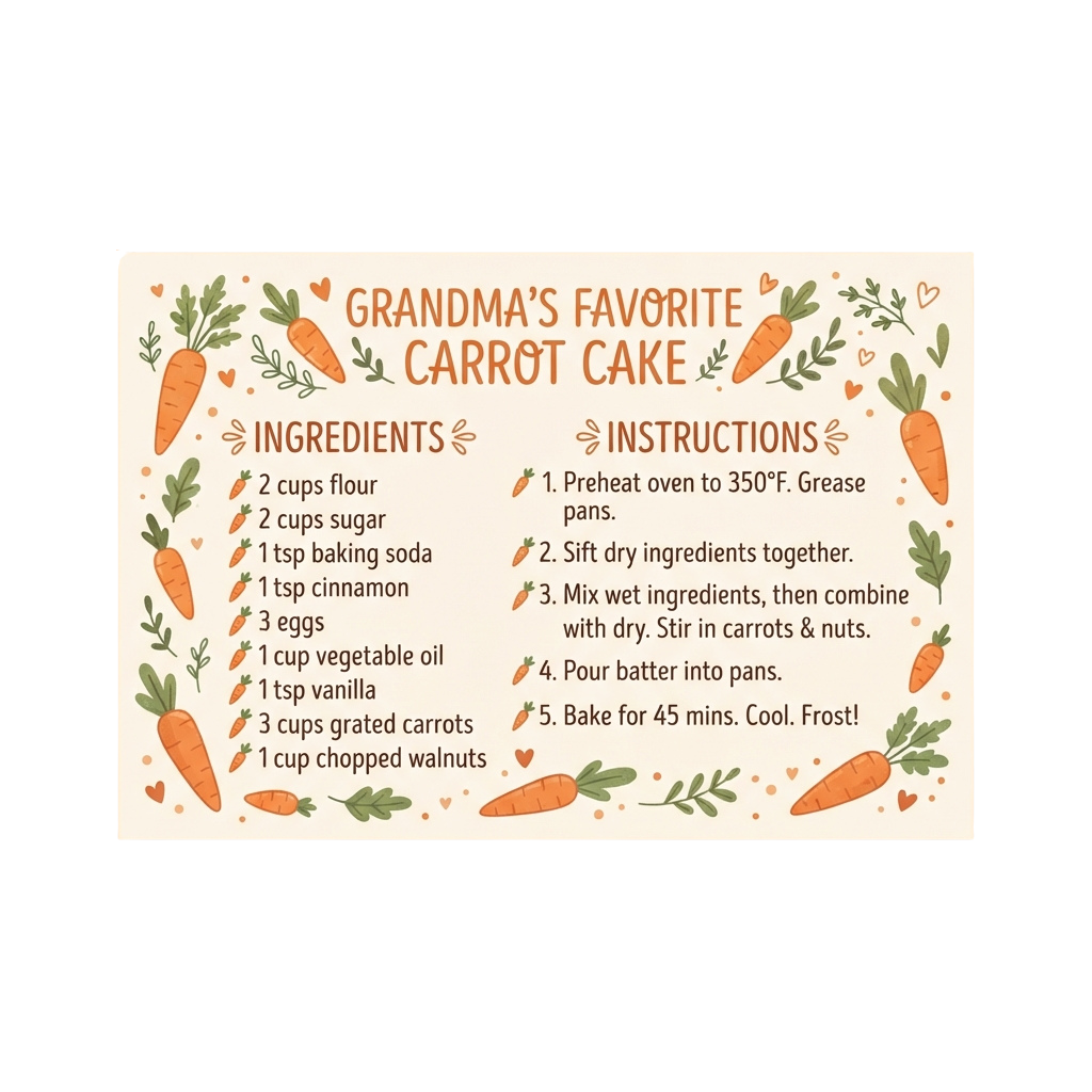 Illustration showing ingredients and instructions for making carrot cake with carrots and walnuts decorating the edges