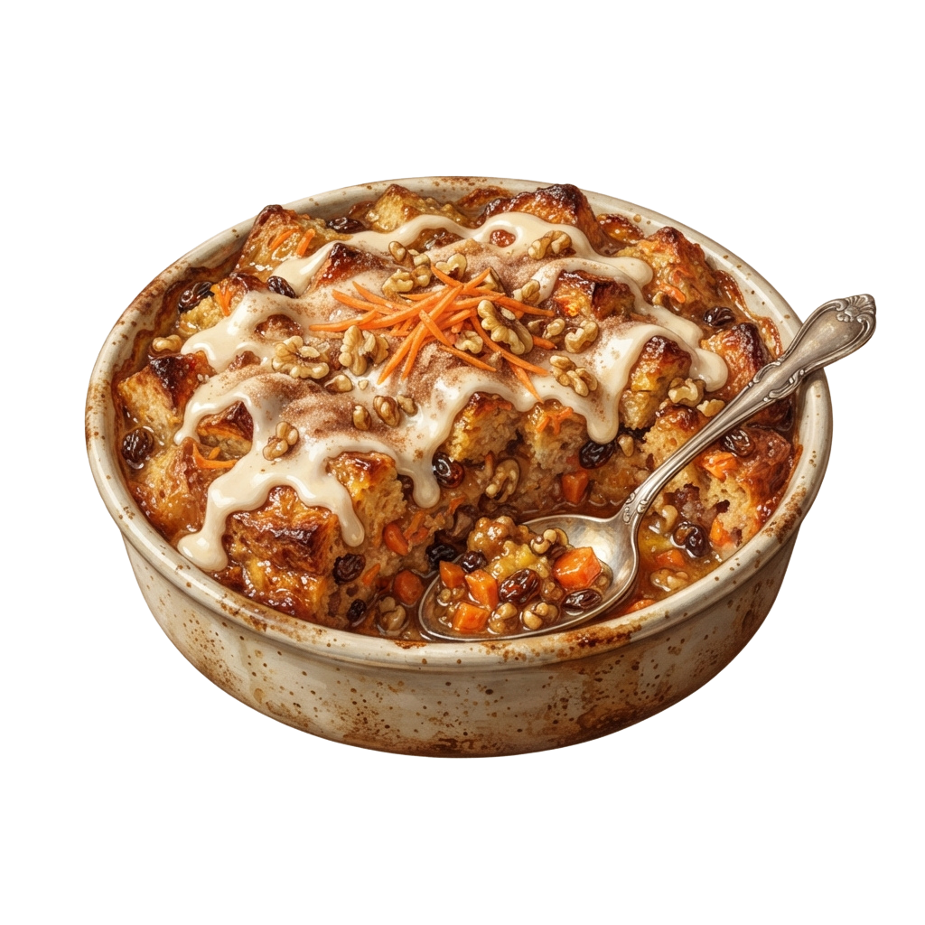A ceramic bowl filled with carrot cake oatmeal topped with cream and nuts, served with a spoon.