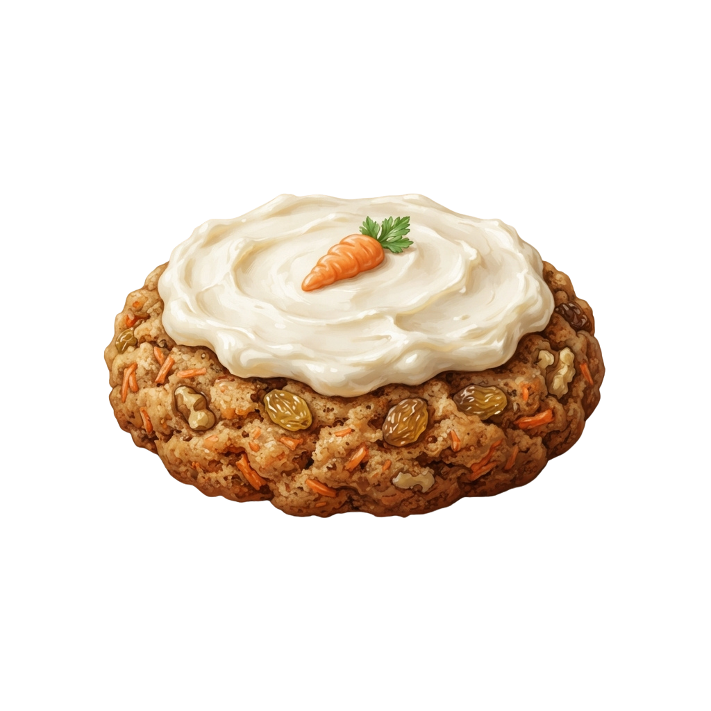 A round cookie with cream cheese frosting and a carrot decoration on top, surrounded by chopped nuts and carrot pieces.