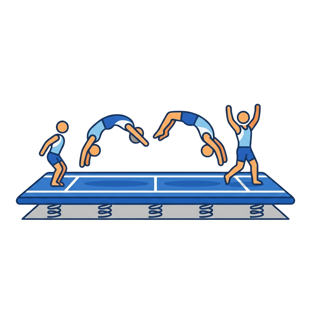 Illustration showing four stages of a gymnast performing trampoline flips and jumps with arms raised in celebration