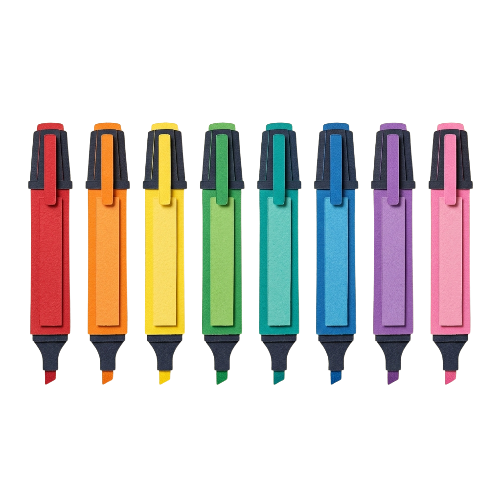 Seven highlighters in red, orange, yellow, green, teal, blue, and pink arranged side by side on a black background
