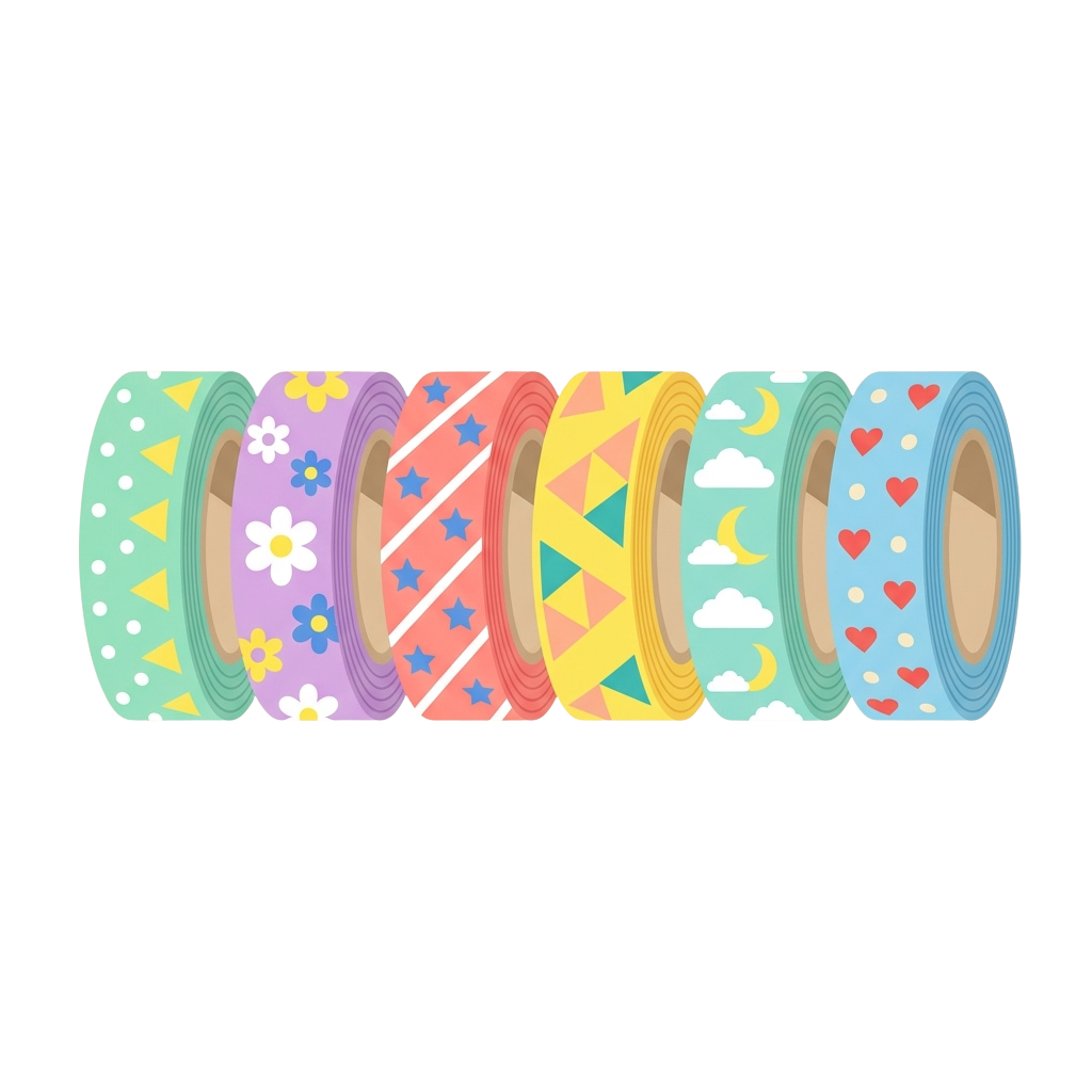 Seven rolls of colorful washi tape with geometric and floral patterns arranged in a row