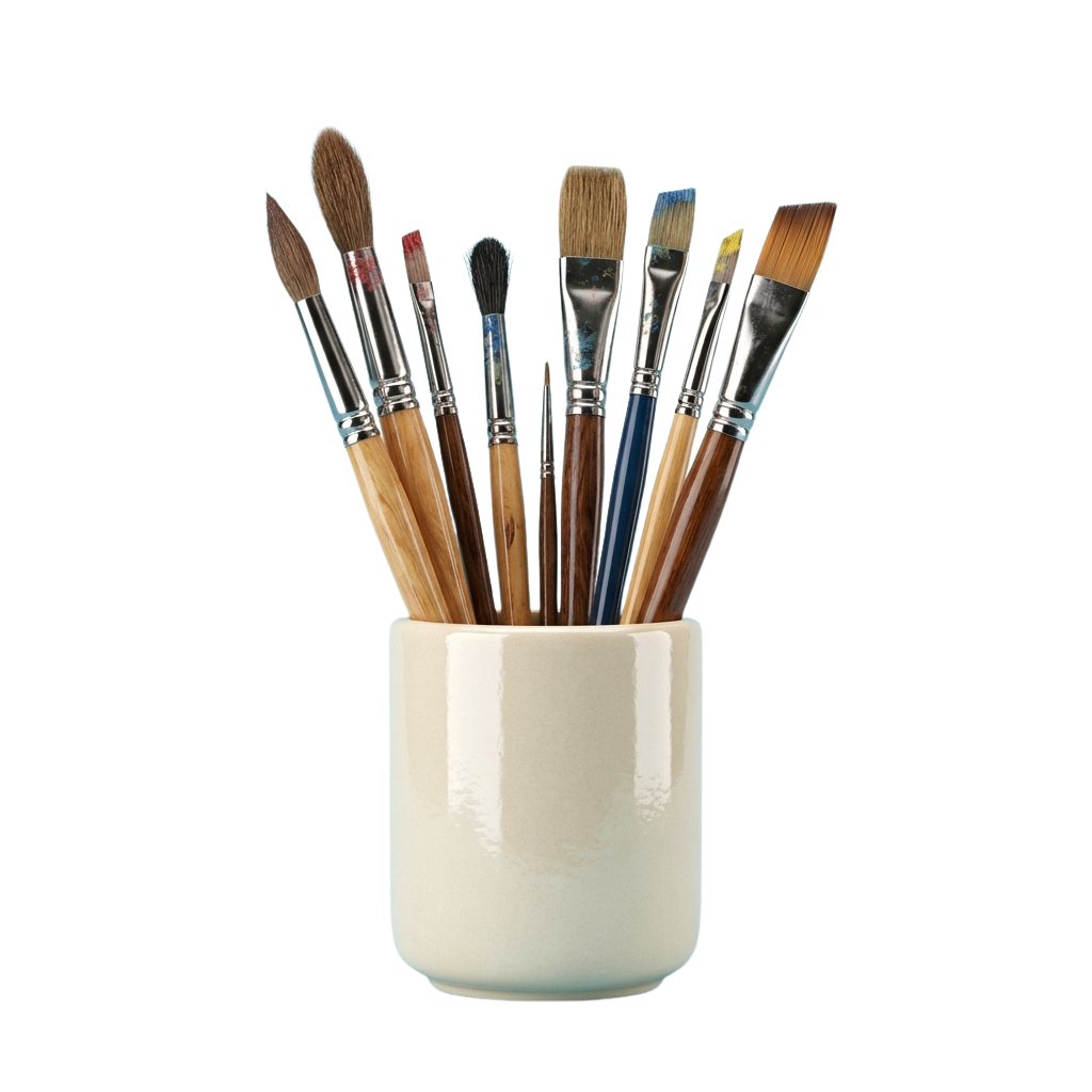 Seven paintbrushes with wooden handles and various bristle types in a white ceramic holder