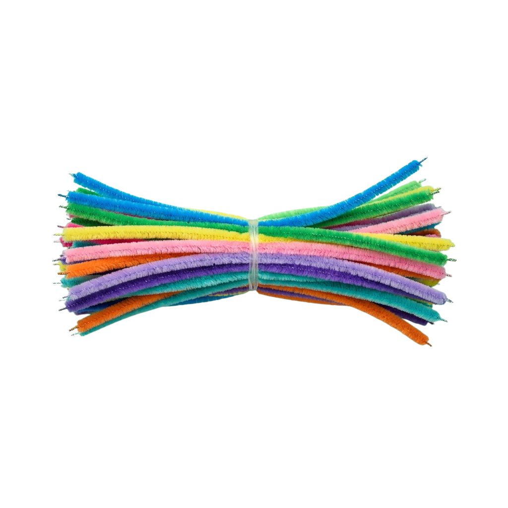 A bundle of multicolored pipe cleaners tied together in a loop