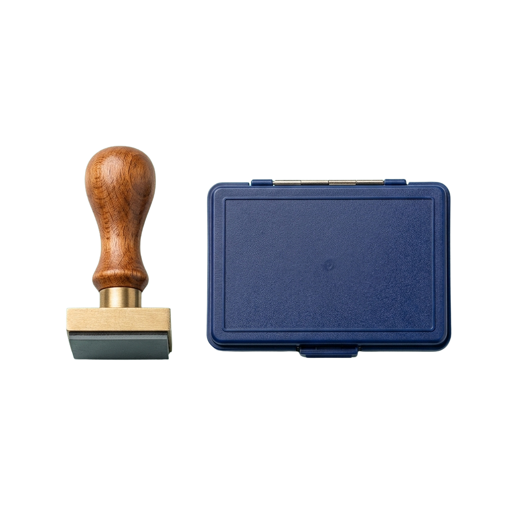 A wooden handled stamp next to a dark blue plastic storage case with a latch.