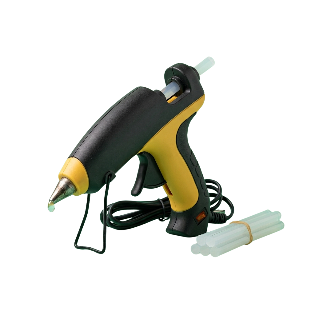 Electric glue gun in black and yellow with white nozzles laid beside it