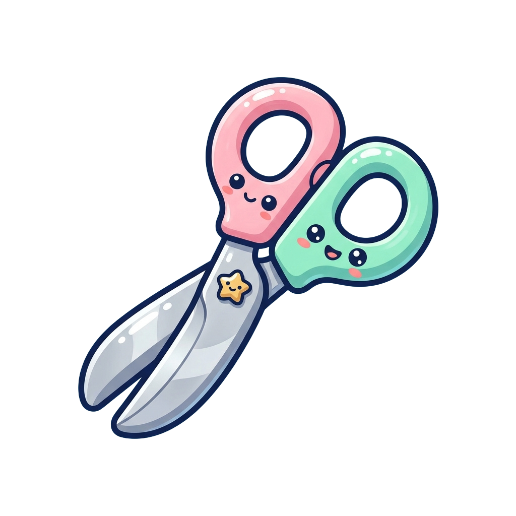 A pair of cartoon scissors with smiling faces on the handles, one pink and one teal, against a black background