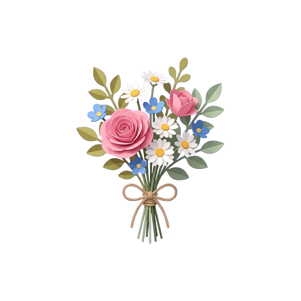 Illustration of a bouquet with pink roses, white daisies, blue flowers, and green leaves tied with a brown ribbon