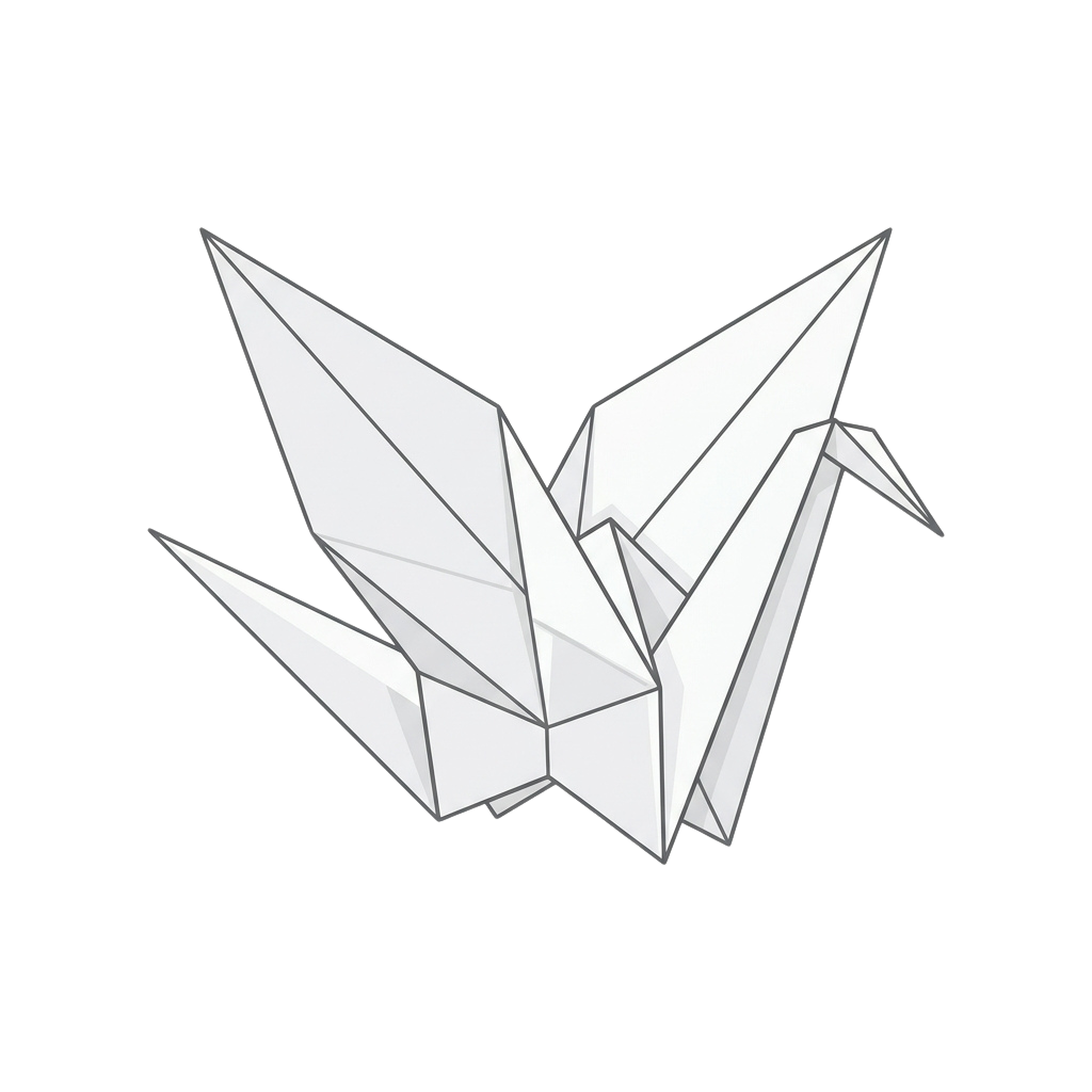 A stylized origami paper crane made of geometric shapes against a black background