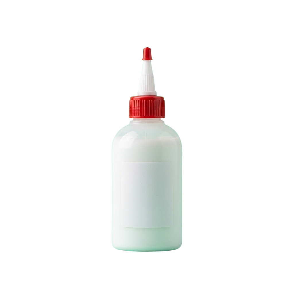 A white plastic bottle with a red cap and spray nozzle on top