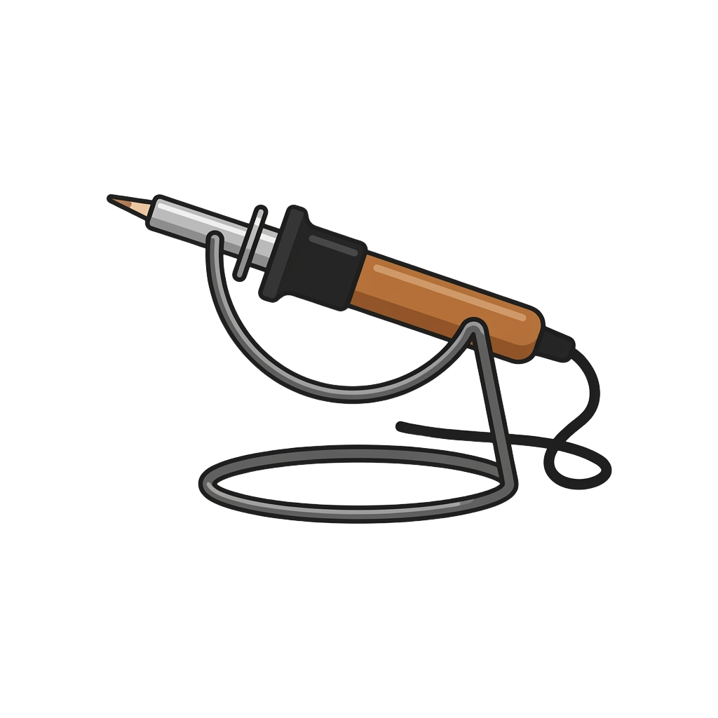 Illustration of a soldering iron resting on a curved metal stand with a coiled cord