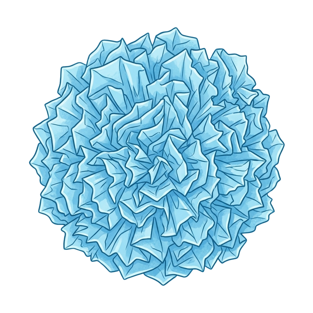 A stylized, crumpled blue paper ball with a textured, three-dimensional appearance
