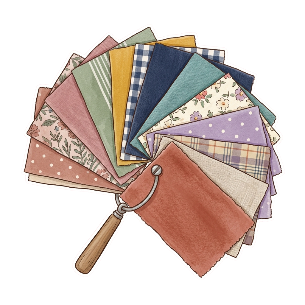 An open hand fan with multiple blades featuring floral and patterned designs in various colors