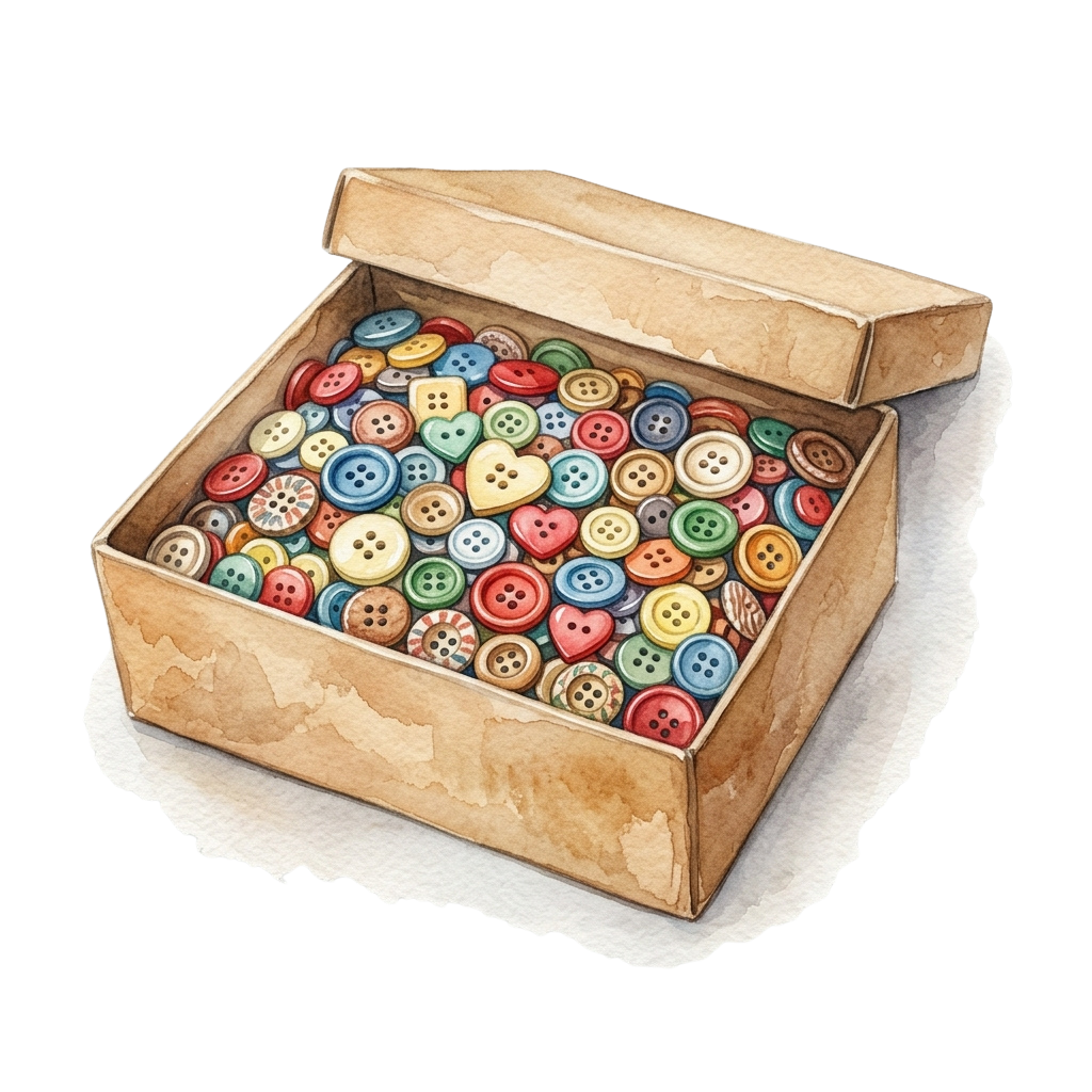 Open wooden box filled with multicolored buttons of various shapes and sizes