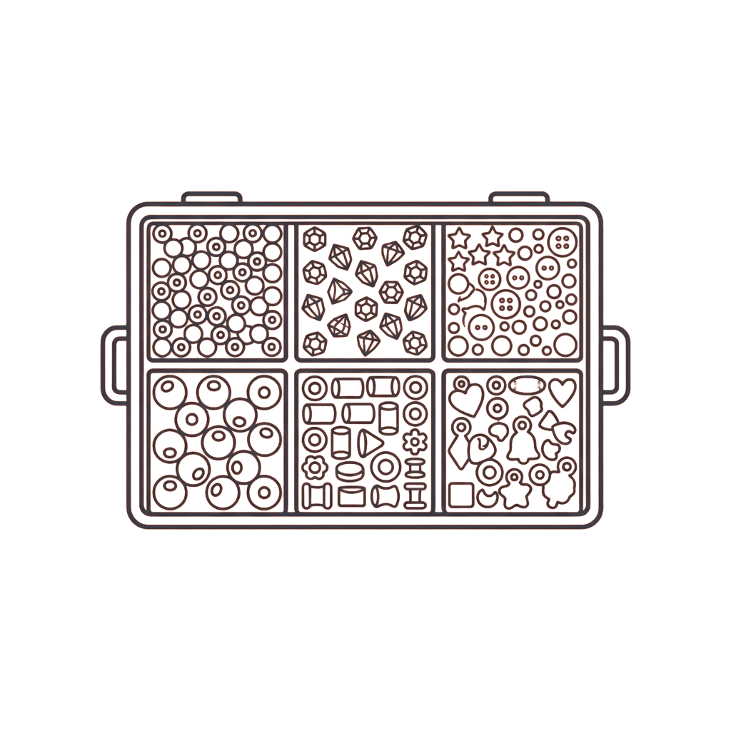 Organizer tray filled with small plastic gears, wheels, and mechanical parts in six compartments