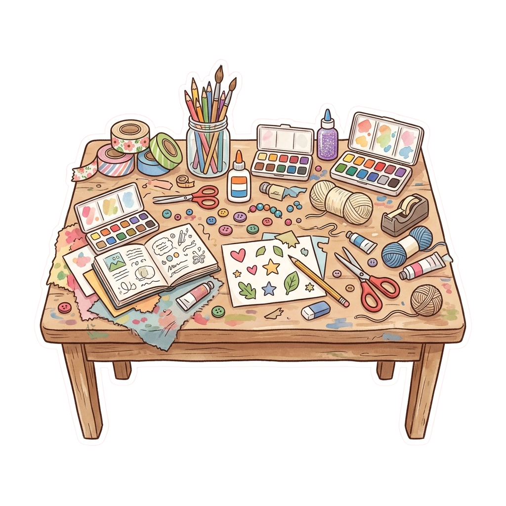 A wooden table filled with colorful art and craft supplies like pencils, paint, scissors, yarn, and stickers.