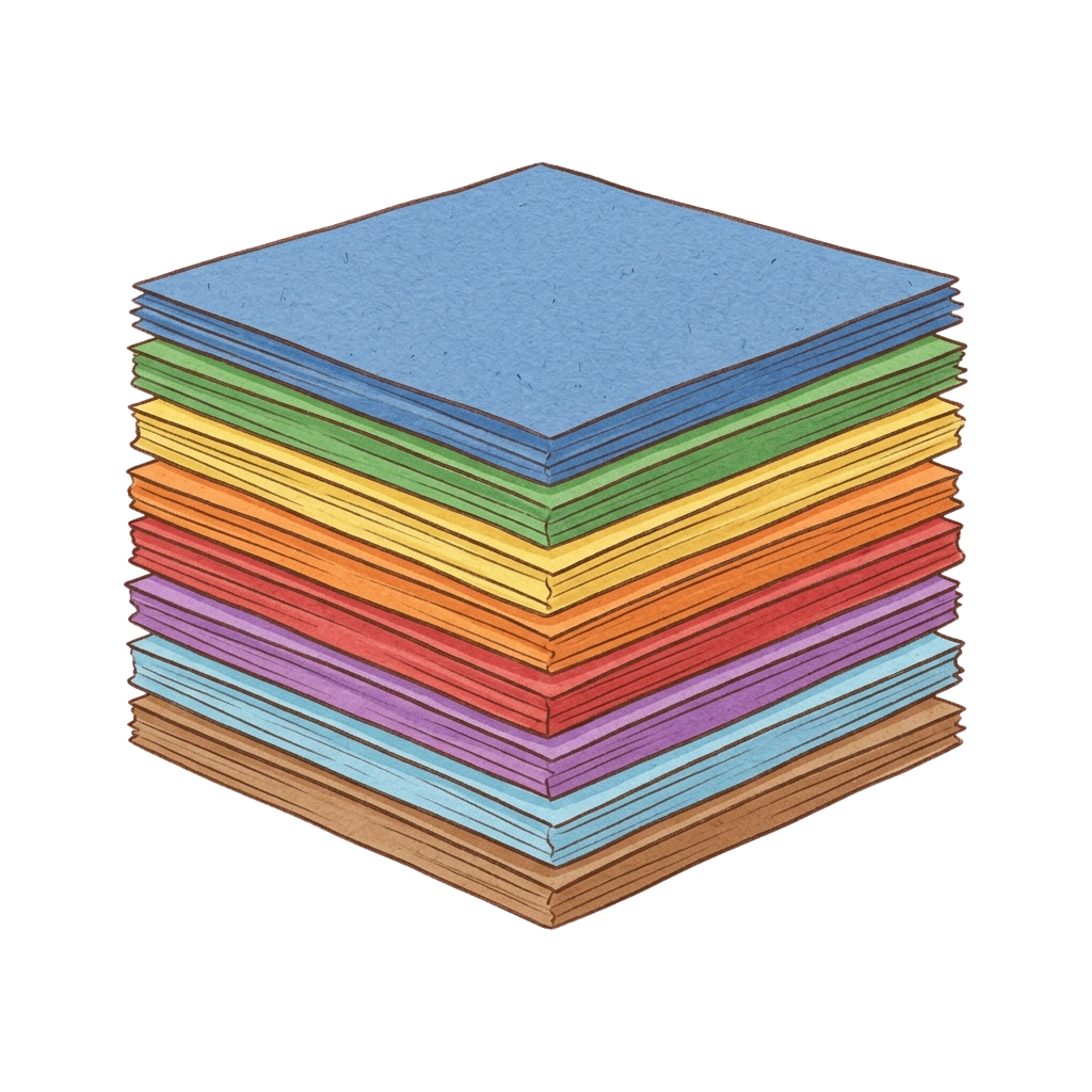 A stack of multicolored paper sheets arranged in a gradient pattern from blue to brown.