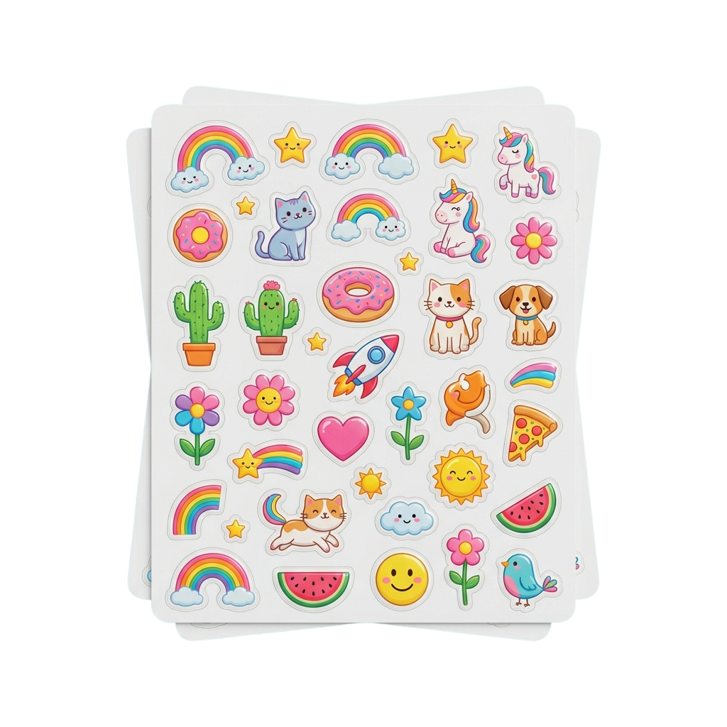 Sheet of colorful stickers featuring animals, flowers, food, fantasy creatures, and bright shapes like rainbows and stars