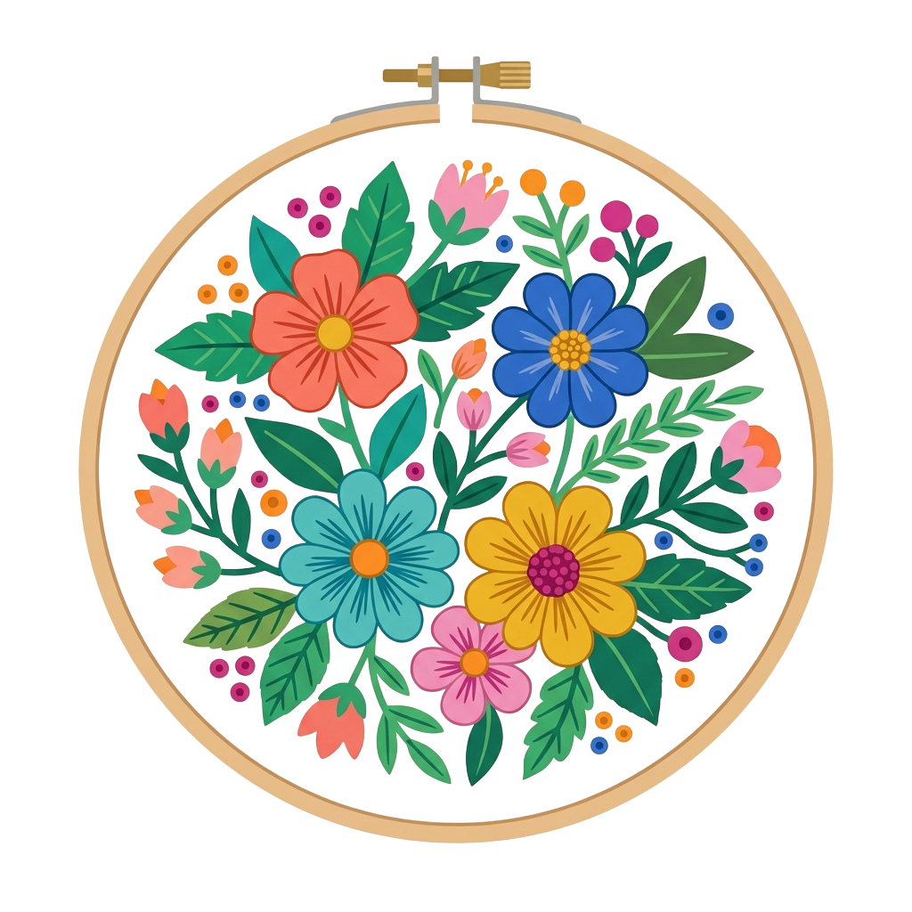 Round embroidery hoop with vibrant flowers and green leaves on a black background