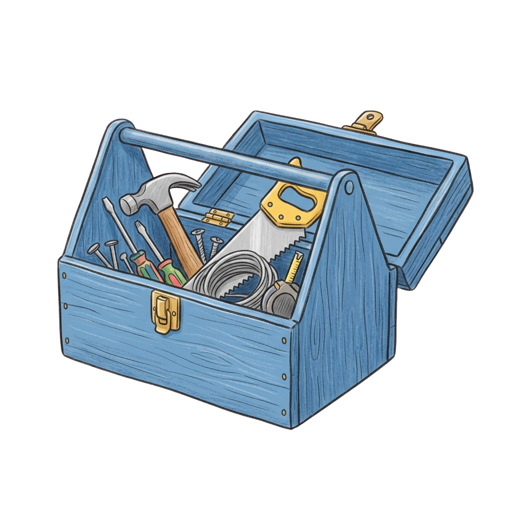 Illustration of an open blue toolbox filled with various hand tools like hammers, wrenches, and pliers