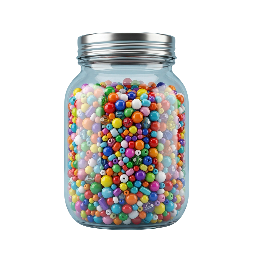 A clear glass jar filled with assorted colorful beads in various shapes and sizes