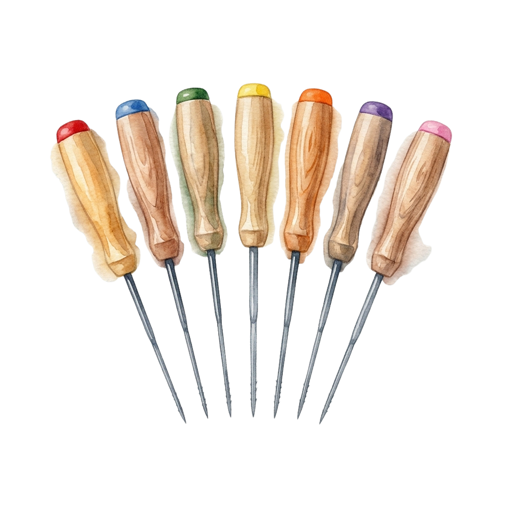 Seven screwdrivers with wooden handles in different colors and matching colored tips