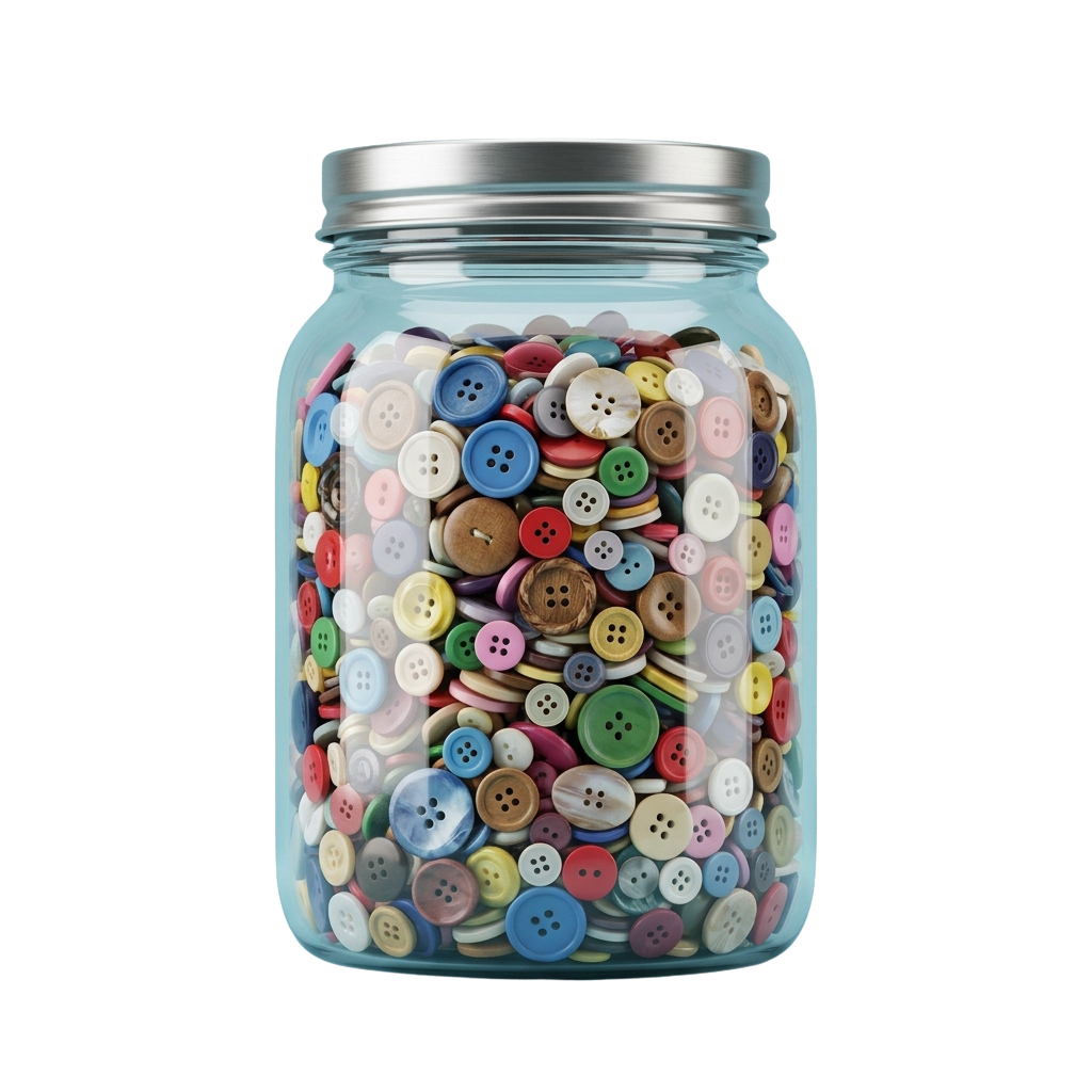 A clear jar filled with multicolored buttons of various sizes and colors.