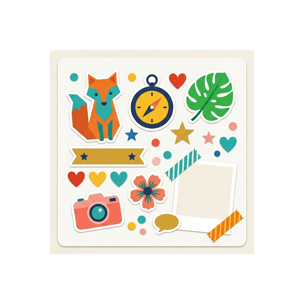 Illustrated stickers featuring a fox, camera, compass, leaves, hearts, stars, and speech bubbles in vibrant colors
