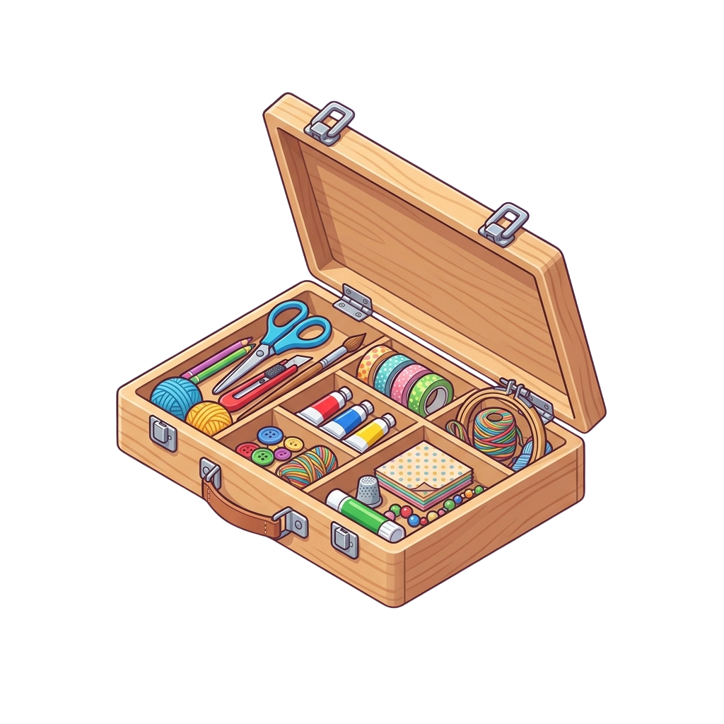 Open wooden case filled with colorful crafting supplies including scissors, thread, buttons, and yarn