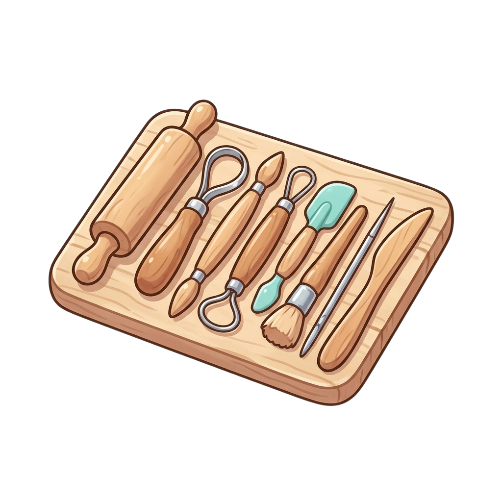 Illustration of a wooden board holding various baking tools including rolling pin, pastry cutters, brush, and spatulas