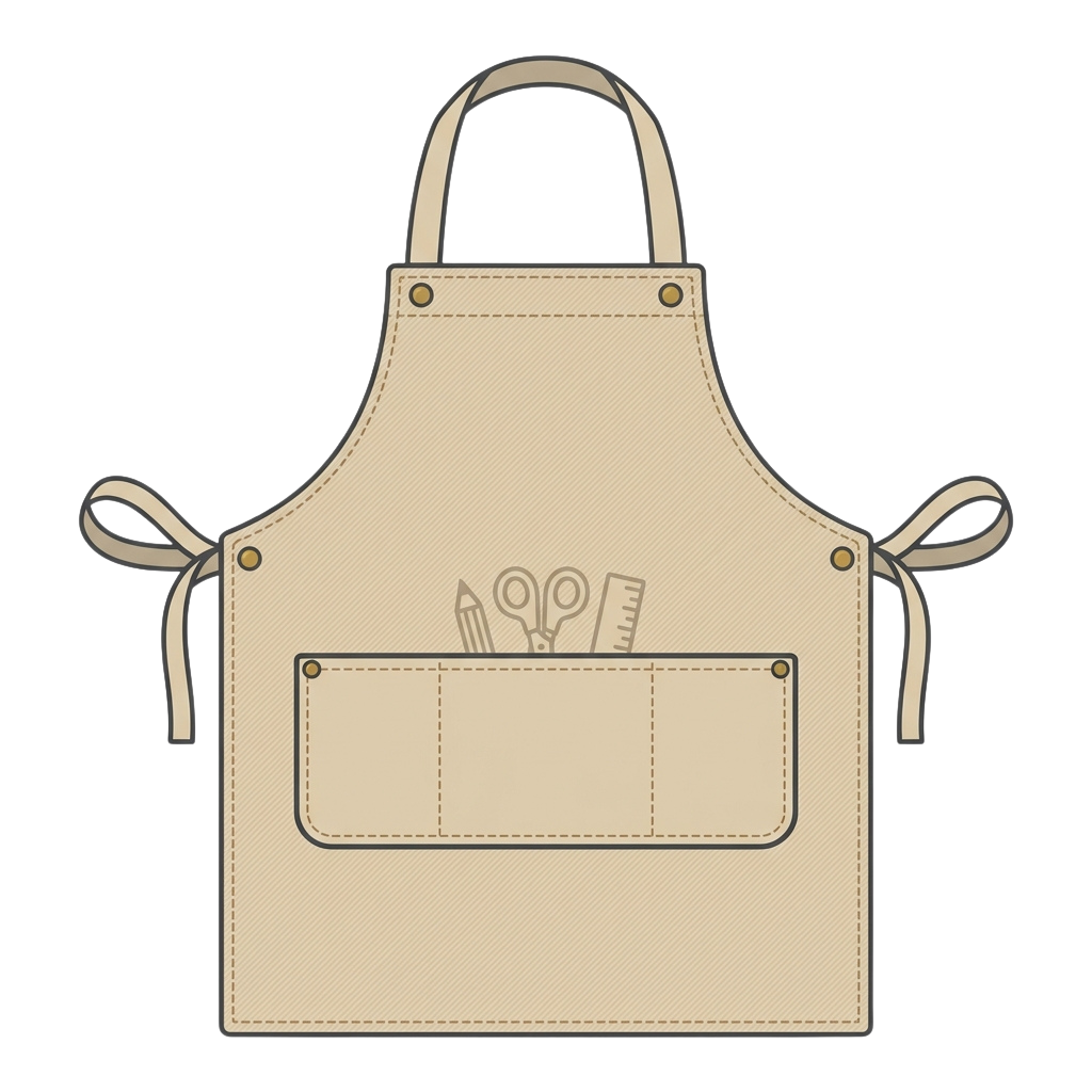 Light beige apron featuring art tools like scissors, pencil, and ruler graphic on front pocket area