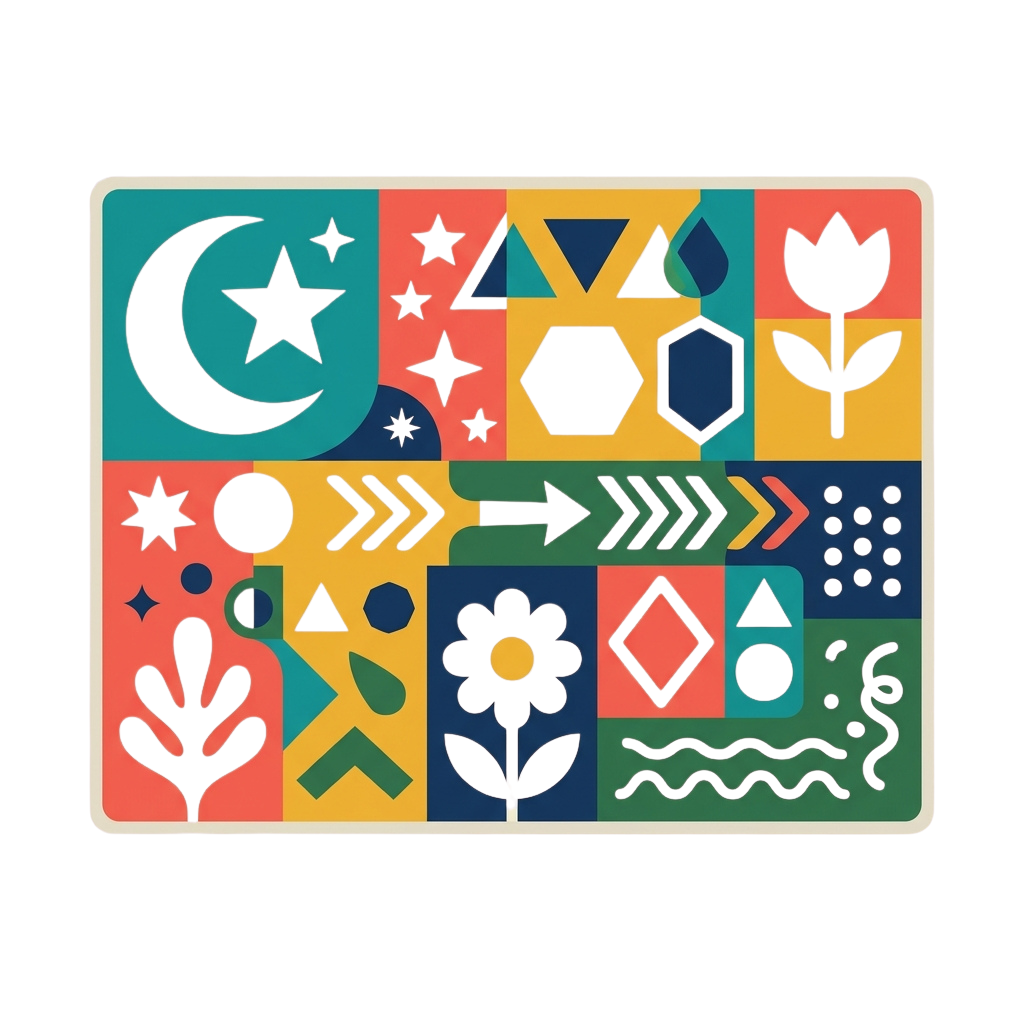 Colorful abstract design featuring geometric shapes, stars, crescent moon, flowers, and arrows on a segmented background