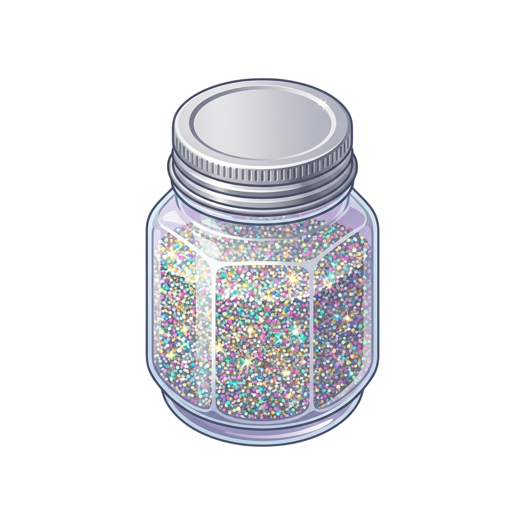 A clear plastic jar with a metal lid filled with multicolored glitter particles