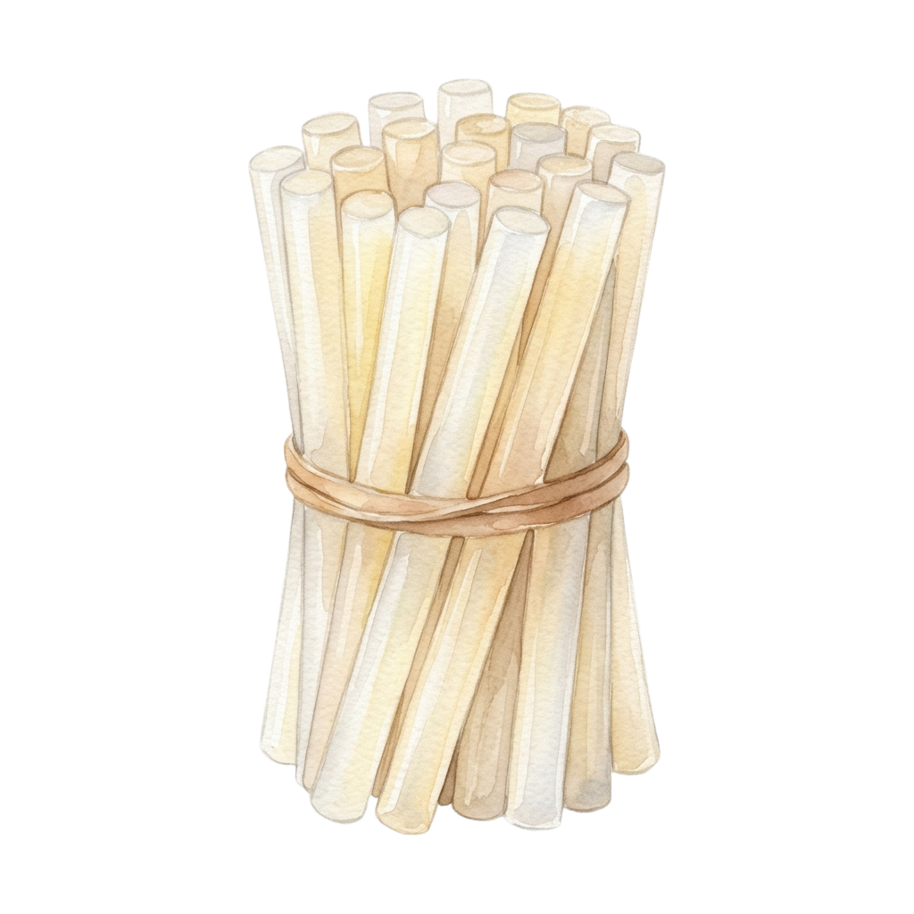 A bundle of light-colored wooden drinking straws tied together with twine