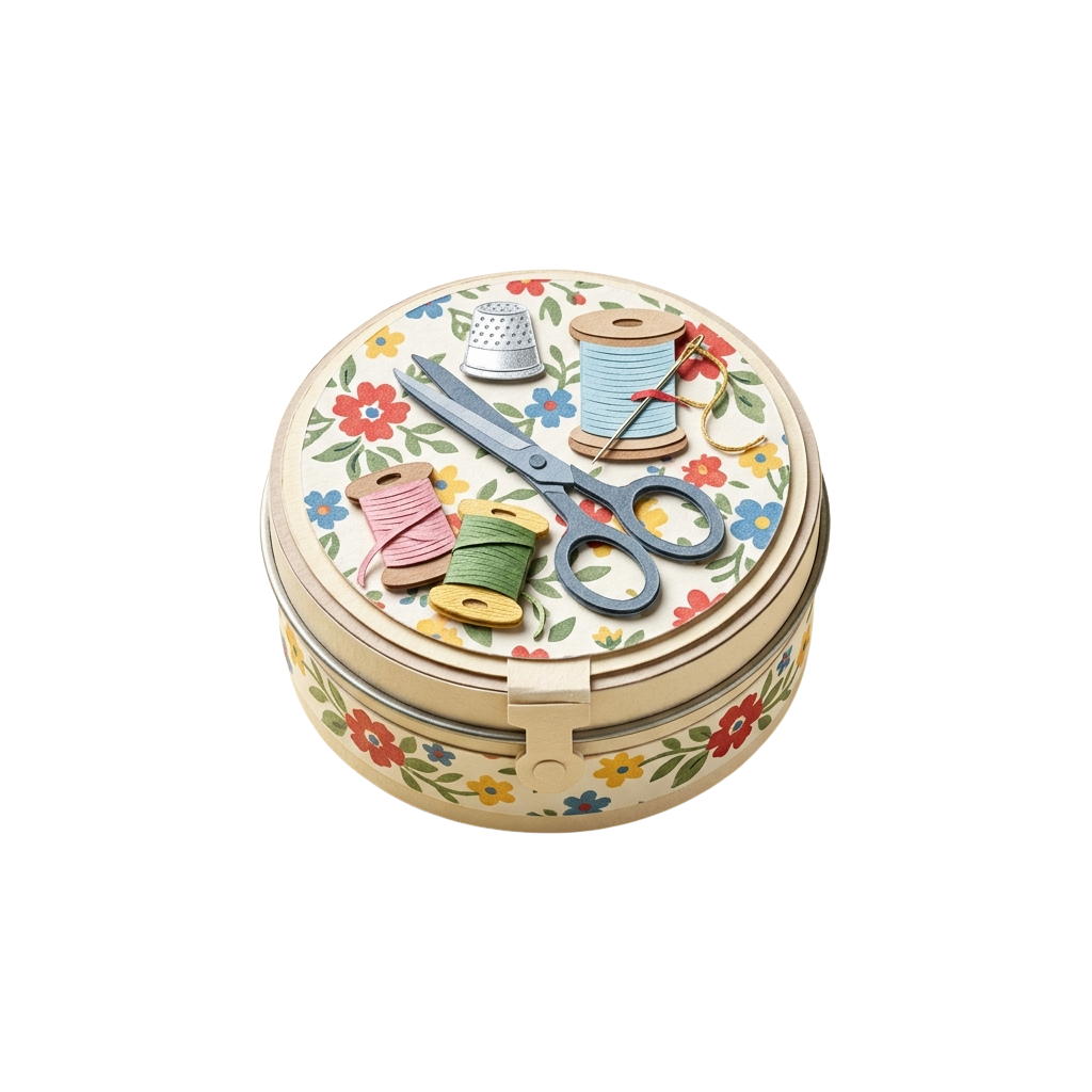 Decorative round sewing kit container with floral design holding scissors, thread spools, and a needle